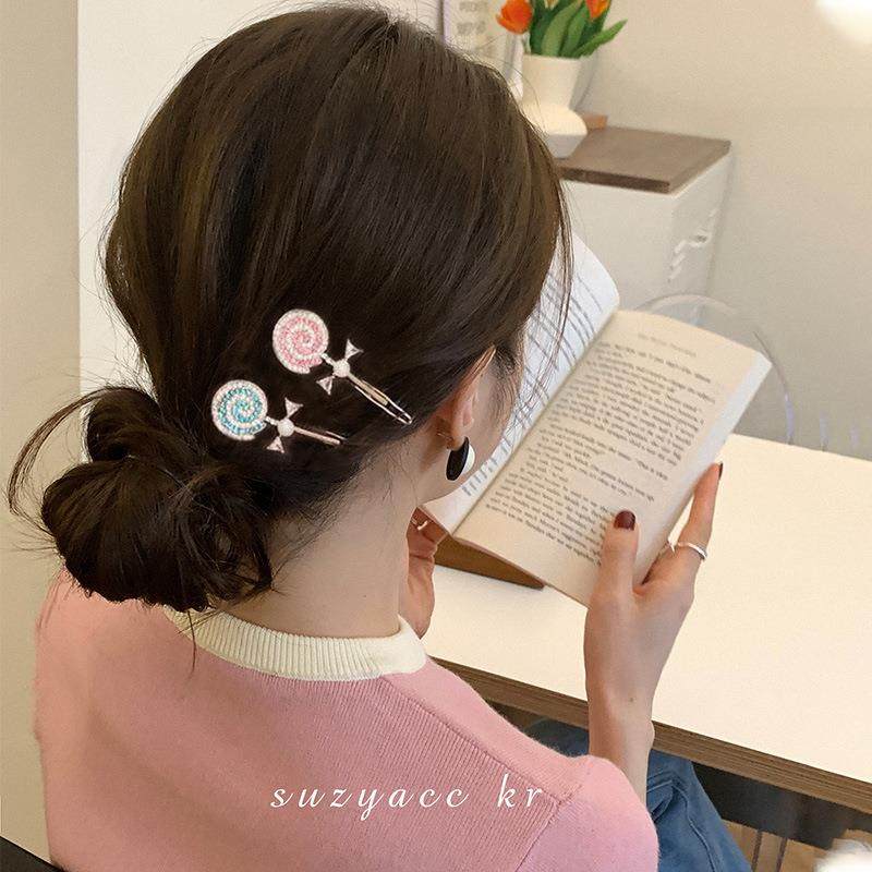 可爱甜美水钻棒棒糖发夹青蛙扣流海夹超仙珍珠侧边边夹女顶夹发饰