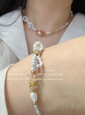 约会必胜装备贝壳蝴蝶结彩色天然石珍珠项链手链套装闺蜜生日礼物