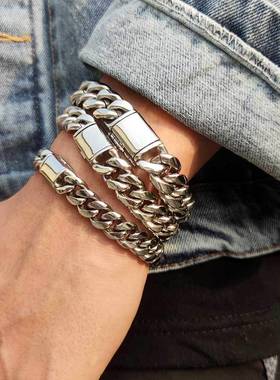 欧美嘻哈翻盖扣不锈钢古巴手链潮牌个性圆磨加密钛钢男士手链