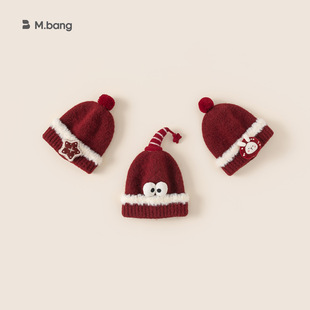 邦选童装冬季防风毛线帽红色新年猫婴幼儿针织帽加厚卡通儿童帽子