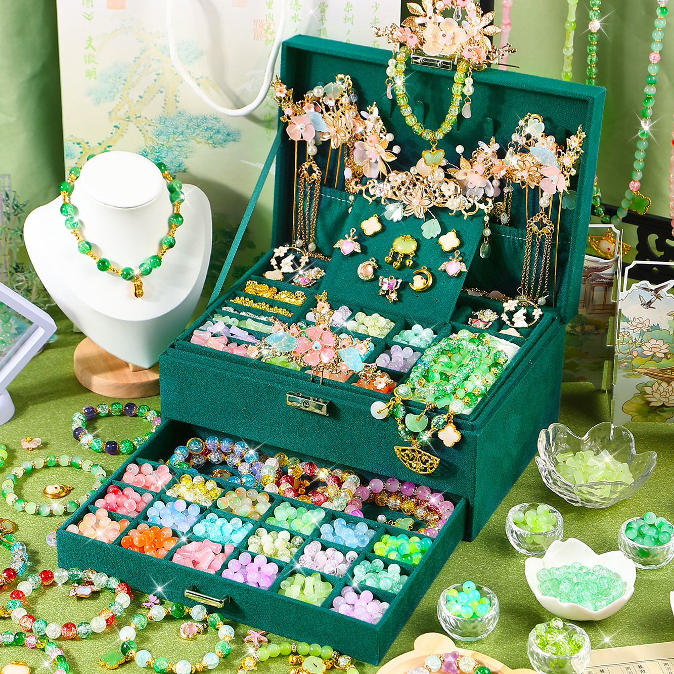国风琉璃珠手工DIY首饰盒