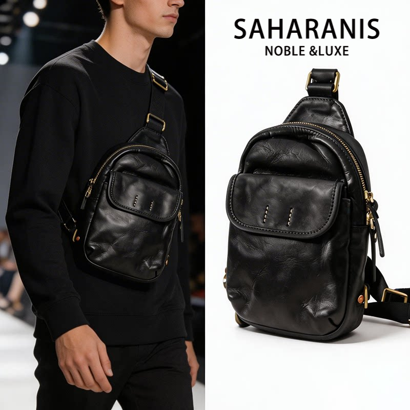 Saharanis男士植鞣牛皮斜挎胸包
