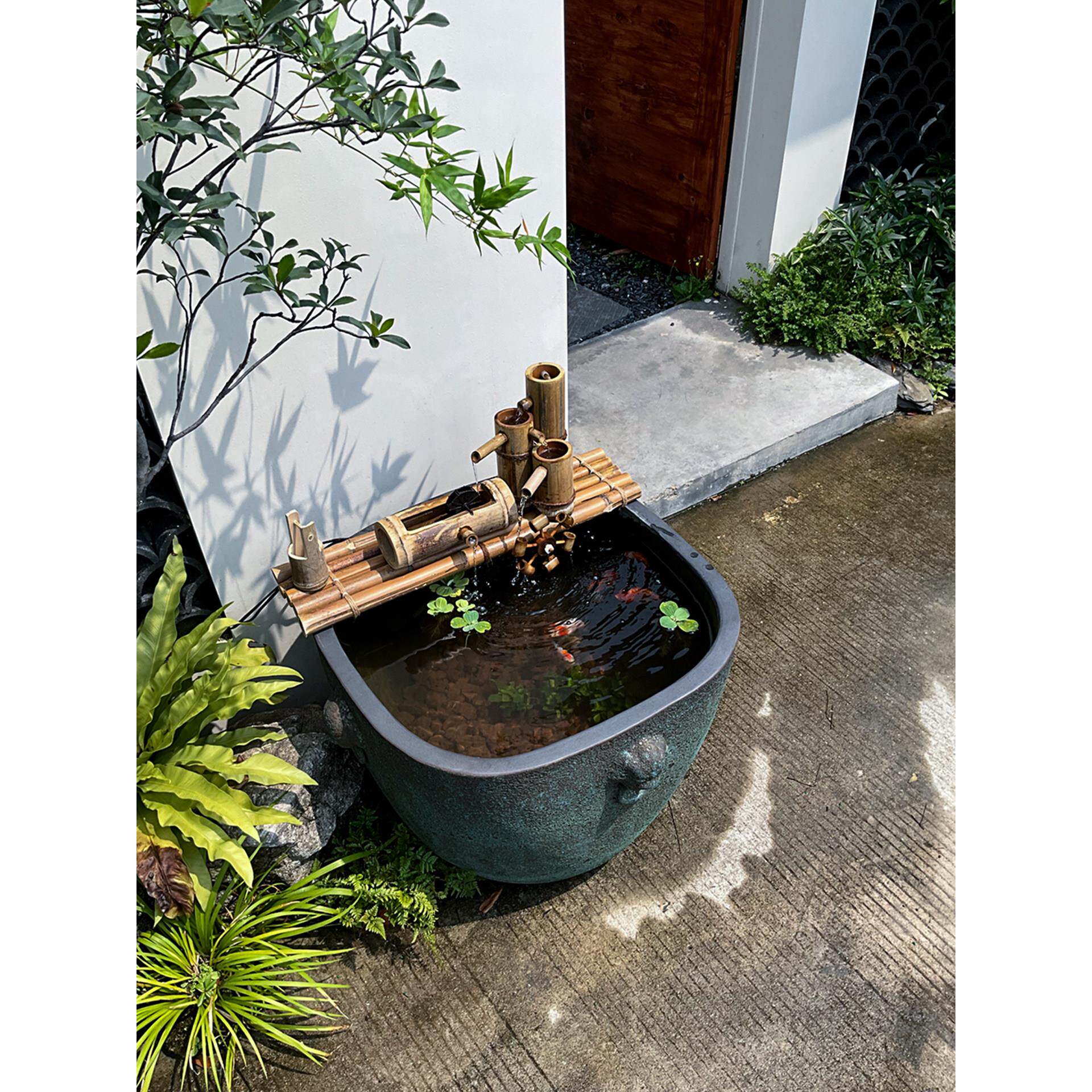 古法鱼缸中式古风庭院阳台全套生态循环流水兰寿金鱼荷花陶瓷方缸