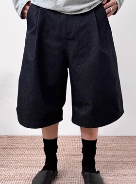 BasicMatch原牛打褶中裤大廓形宽松牛仔短裤