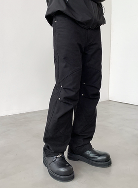 BasicMatch黑色膝褶撞钉廓形直筒工装长裤