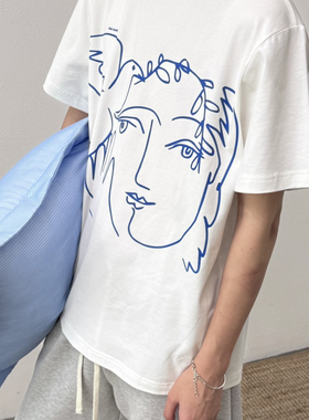 BasicMatch男女款白色轻绒感磨毛抗菌速干涂鸦印花短袖T恤