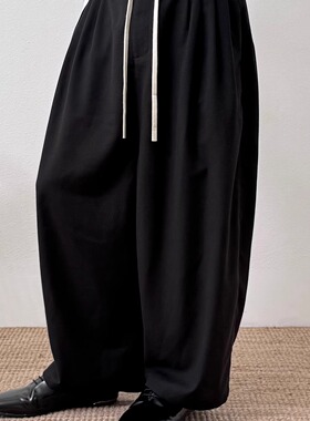 BasicMatch黑色亚麻混纺抽绳九分裤轻薄长裤