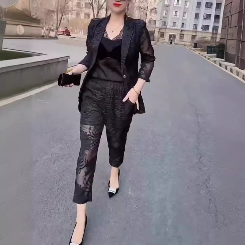 法国george melis夏季新款提花翻领西服外套小脚裤修身显瘦女