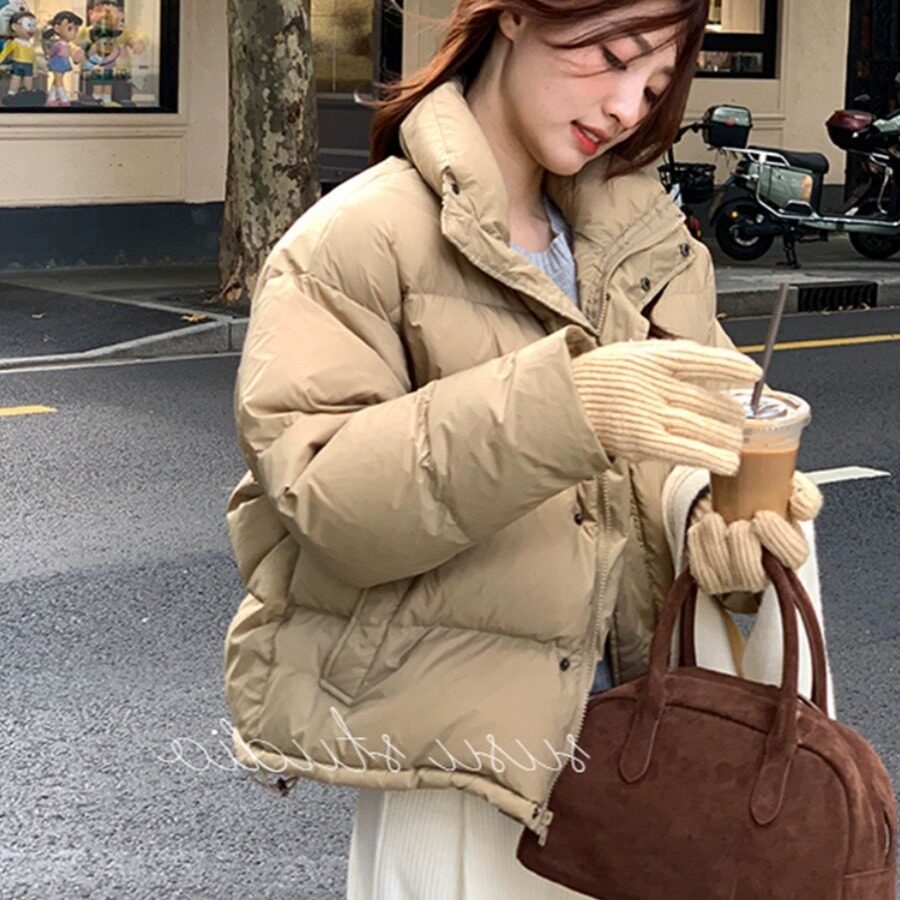 法国gentle motto90卡其色短款羽绒服女冬季白鸭绒小个子轻便