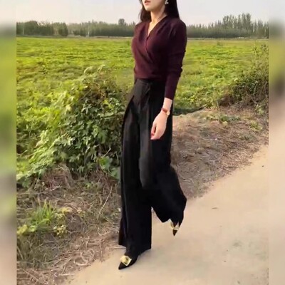 法国george melis秋季新款高级感v领交叉长袖t恤高腰阔腿裤女