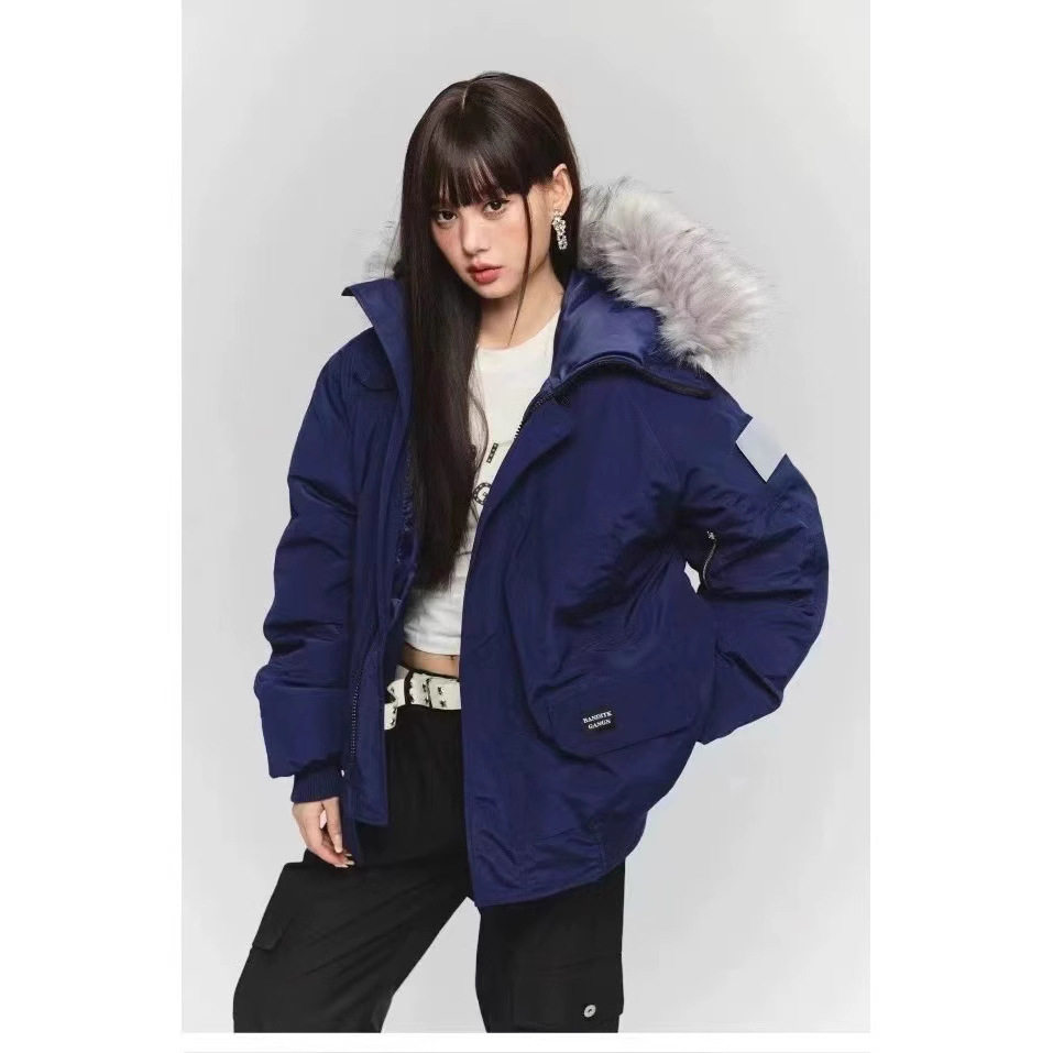 法国gentle motto冬季美式复古蓝色派克服工装羽绒服加厚毛领