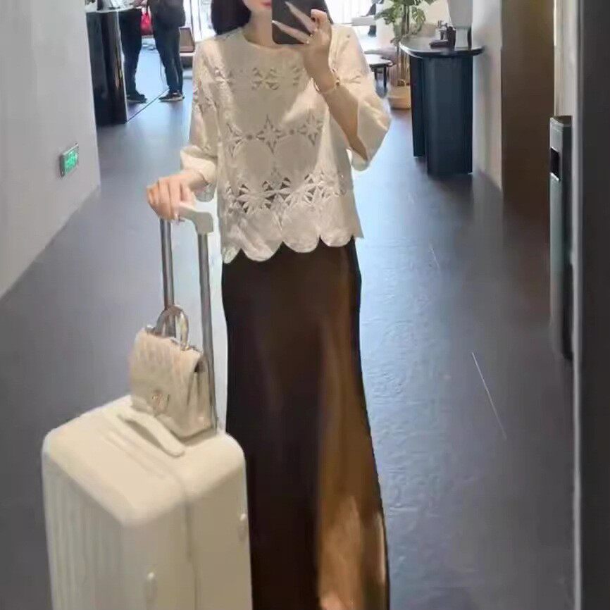 法国george melis新款高级白色镂空上衣高腰鱼尾半身裙时尚女