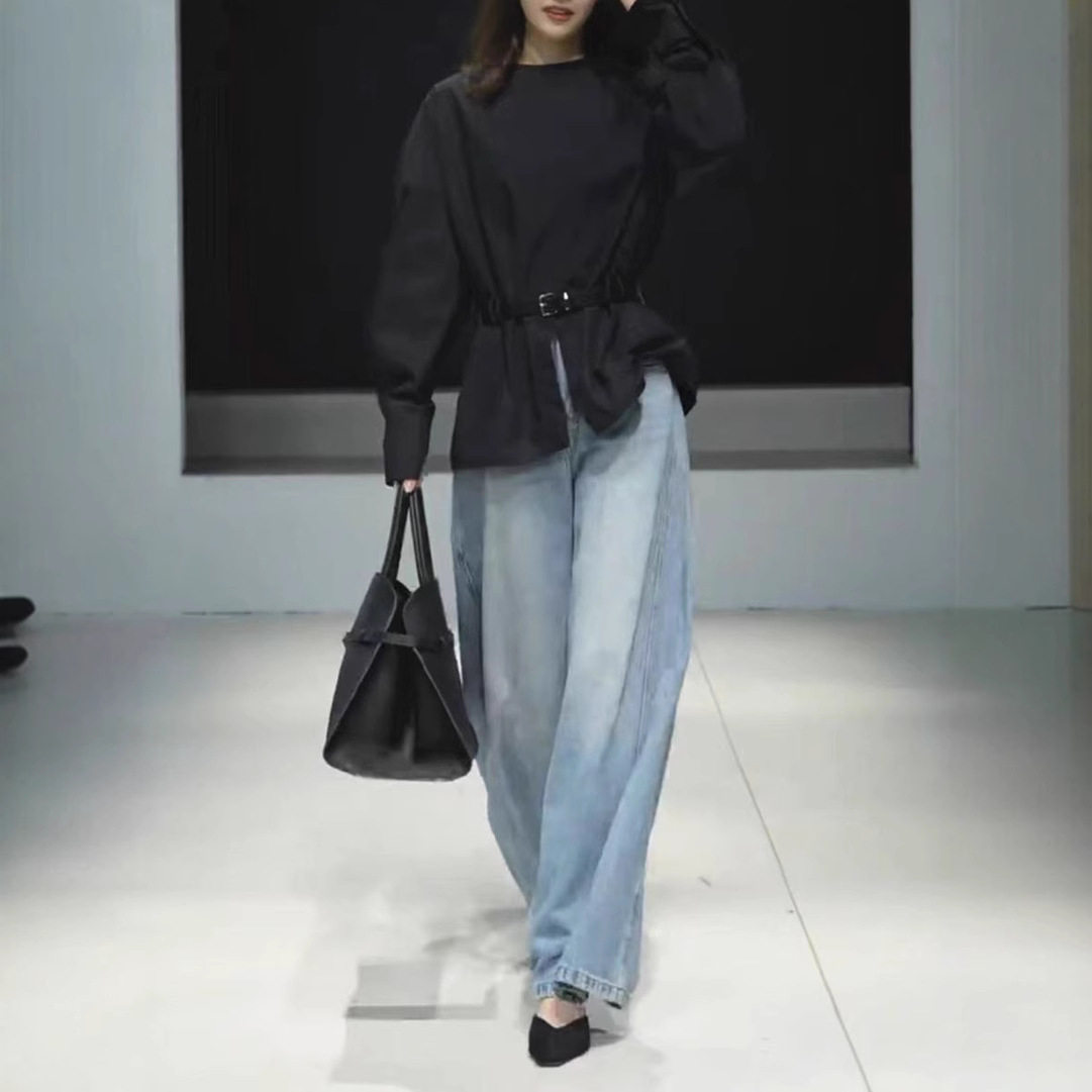 法国george melis春季新款长袖开叉设计感上衣宽松牛仔裤女潮