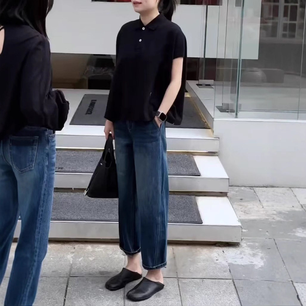 法国george melis夏季新款短袖t恤polo衫宽松牛仔裤时尚女