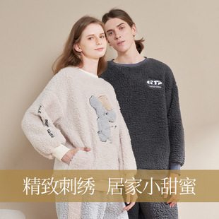 法国entle motto珊瑚绒睡衣秋冬季女士情侣套装羊羔绒男士加绒