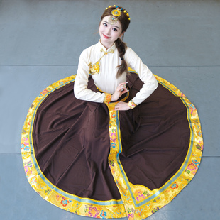 藏族舞蹈演出服装女棕色民族艺考大摆裙藏族舞蹈服藏族剧目练习裙