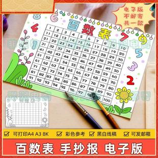 小学生趣味数学认识百以内数字知识手抄报线稿 百数表儿童画电子版