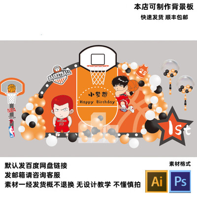 灌篮高手橘色主题男宝宝宴满月周岁生日迎宾舞台AI背景设计素材PS