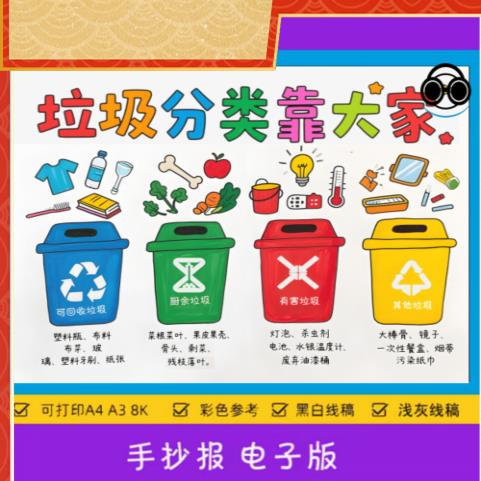 垃圾分类手抄报模板学生校园儿童分类从我做起电子版涂色黑白线稿