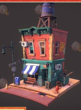 卡通破旧小楼房屋咖啡馆obj格式C4D设计素材3D模型推荐下载C587