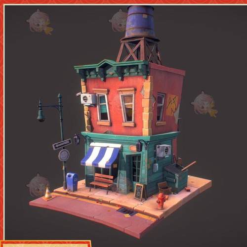 卡通破旧小楼房屋咖啡馆obj格式C4D设计素材3D模型推荐下载C587