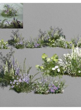 自然系紫色白色绿色婚礼手绘花艺道具户外婚礼效果图PSD设计素材