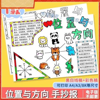 位置与方向手抄报电子版小报数学黑白线描涂色线稿填色思维导图a4