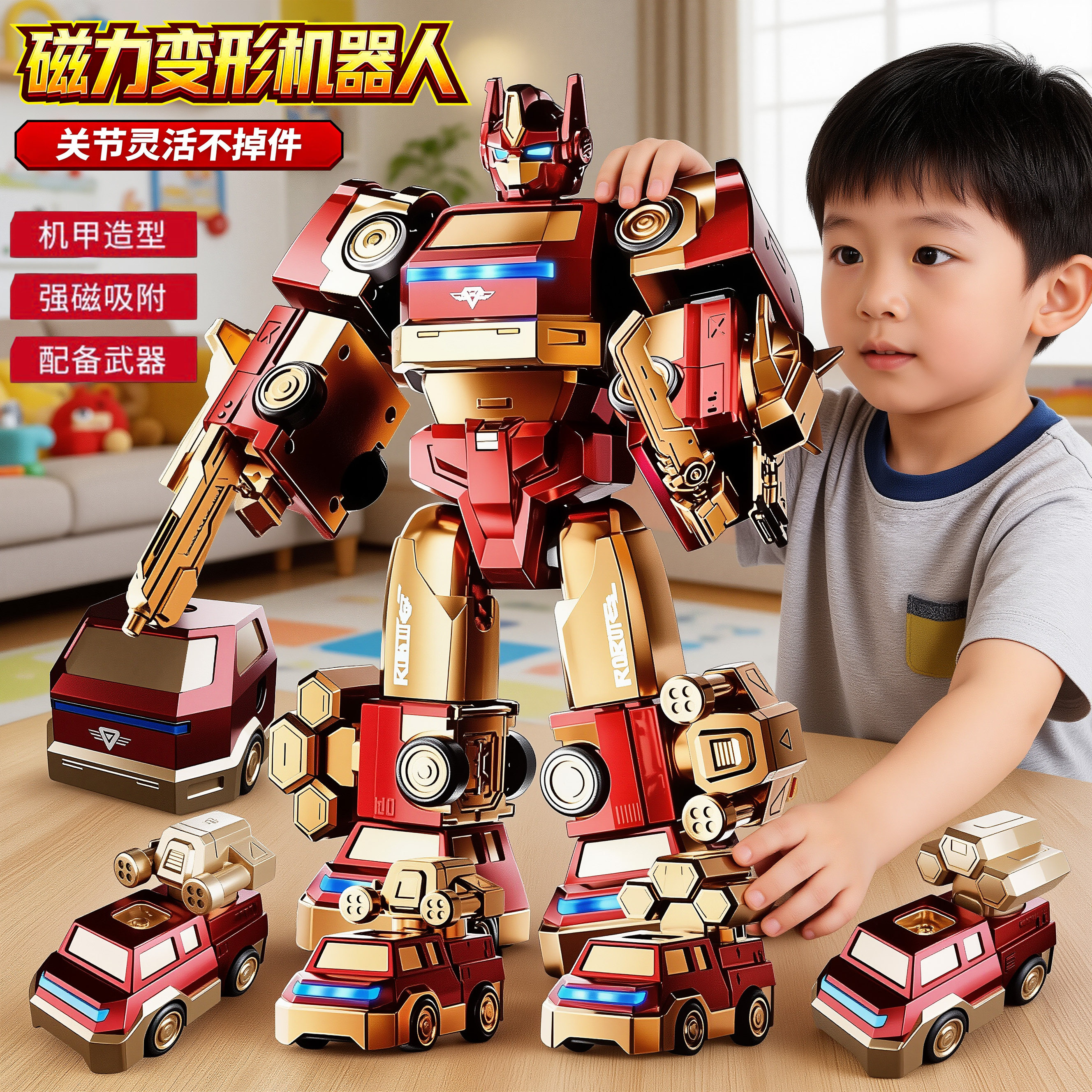 儿童玩具磁吸变形机器人汽车男童磁力金刚3到6岁男孩生日礼物新年,玩具/童车/益智/积木/模型,惯性/回力/滑行玩具,淘宝优惠券,粉丝福利购,淘宝优惠卷