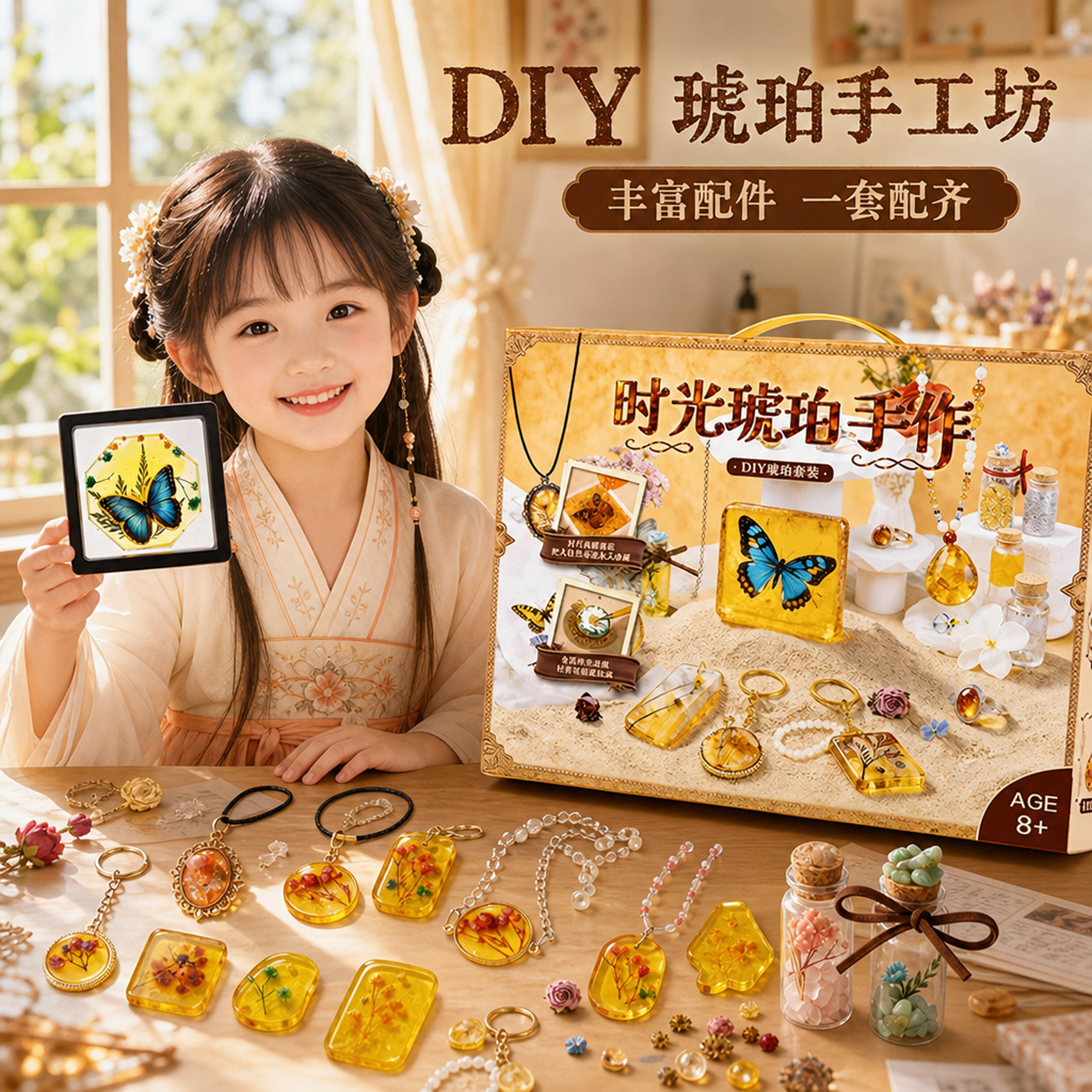 小学生女孩琥珀手作坊材料包工diy手项链串珠礼物昆虫标本玩具8