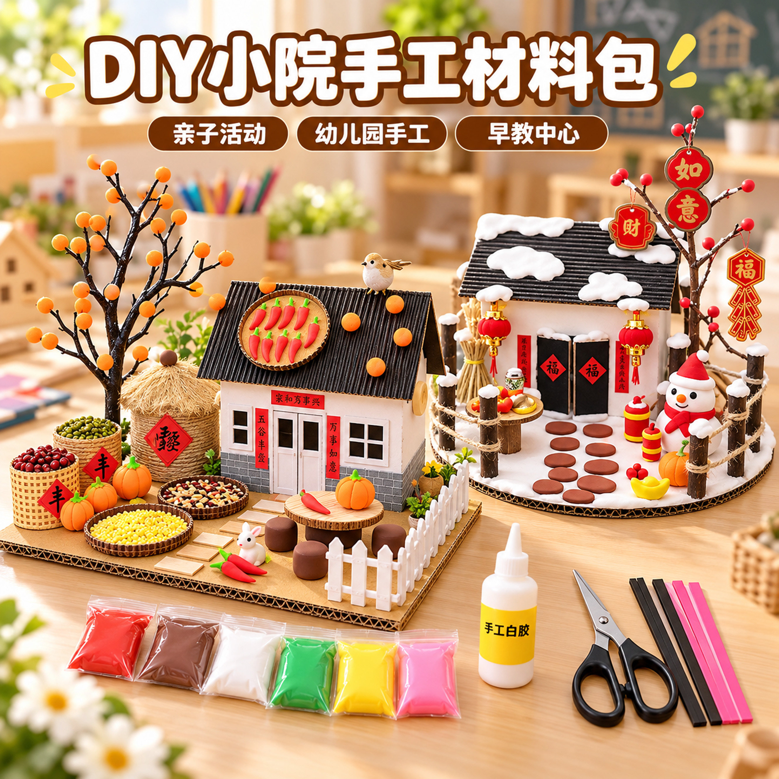 二年级手工diy小屋丰收小院幼儿园自制冬雪景房子模型纸质材料包