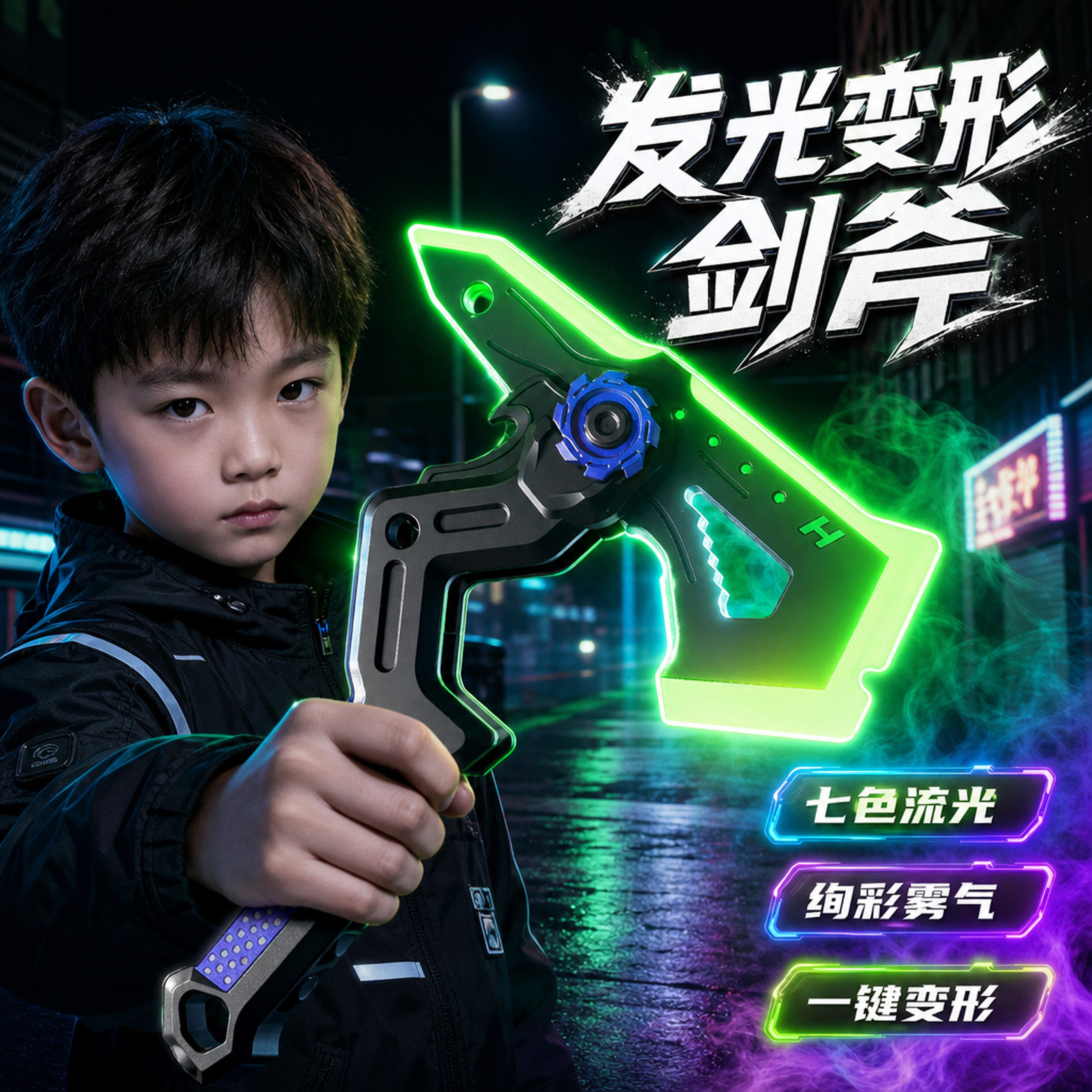 雷霆战斧2026新款儿童双形态七彩激光流宝剑喷雾火花发光玩具斧头