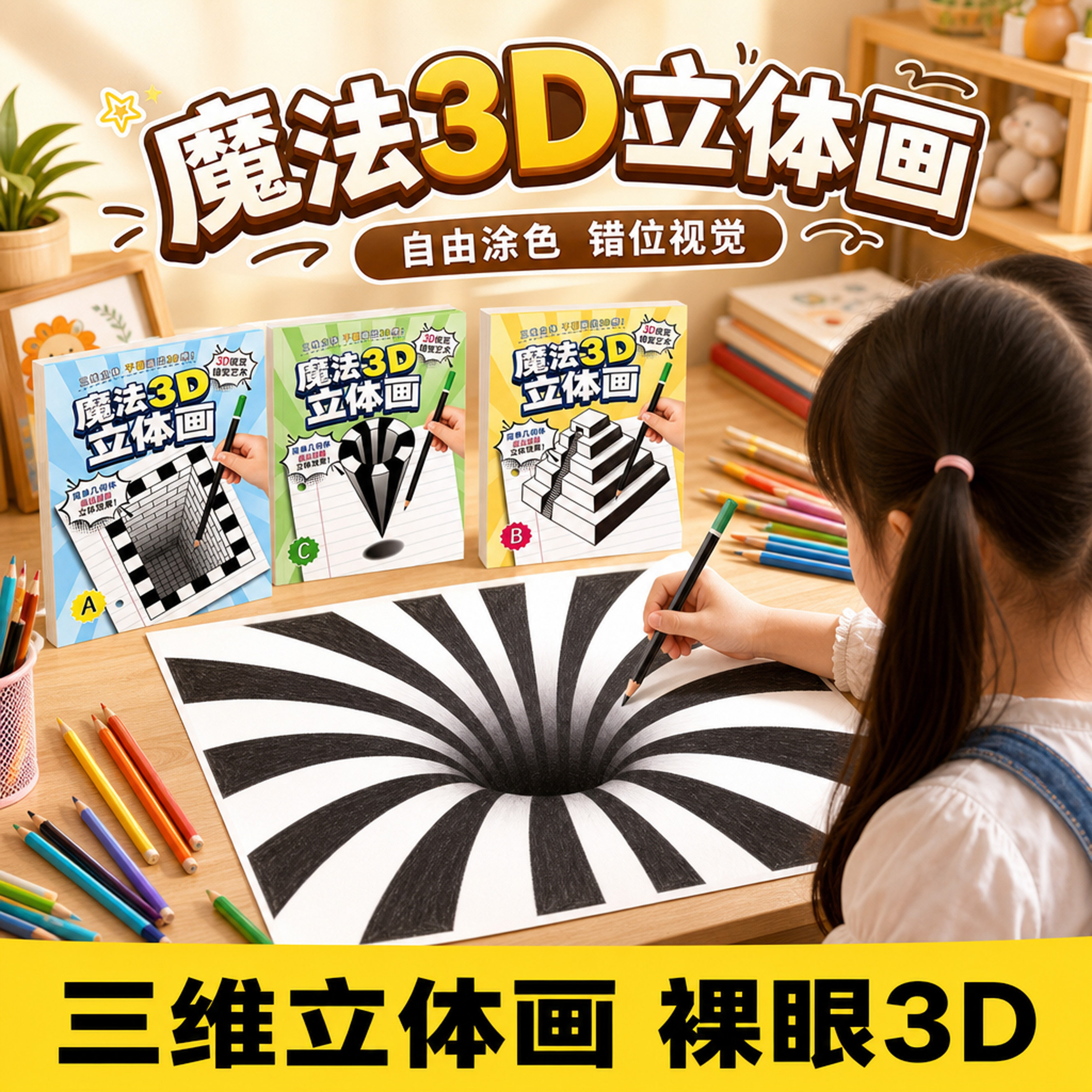 魔法3D立体画儿童视觉创意素描绘画本小学生专用几何手绘空白本三维空间速写本控笔训练画画本3到6岁益智玩具