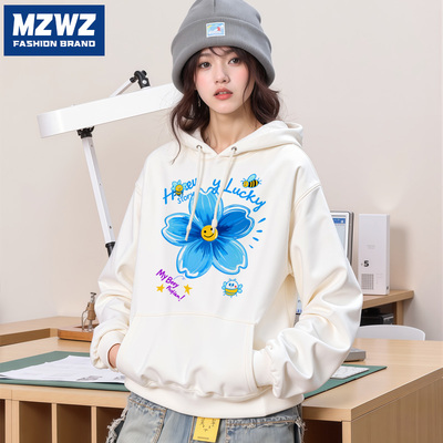 MZWZ卫衣男女2025新款连帽黑色外套秋季款圆领无帽纯色青少年A