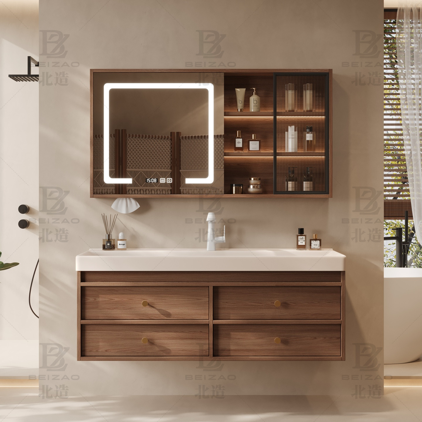 实木中古风鎏金石一体盆浴室柜组合卫生间洗手盆洗脸盆洗漱台卫浴