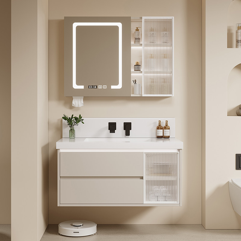 奶油风卫生间洗漱台实木浴室柜岩板陶瓷无缝一体盆智能镜柜挂墙式