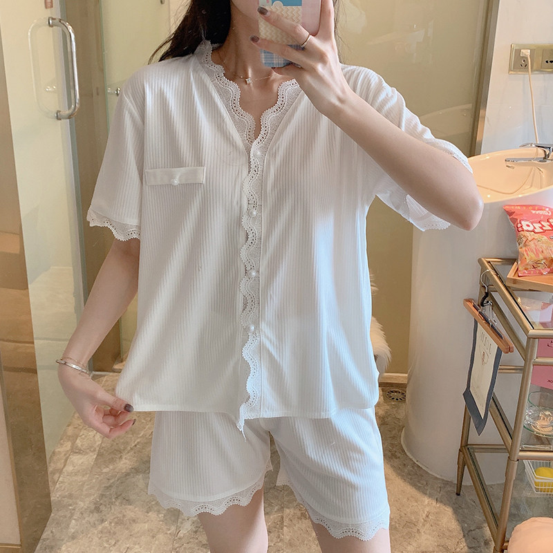 春夏女款纯色针织棉短裤短袖开衫花边家居睡衣舒适可爱2件套睡衣