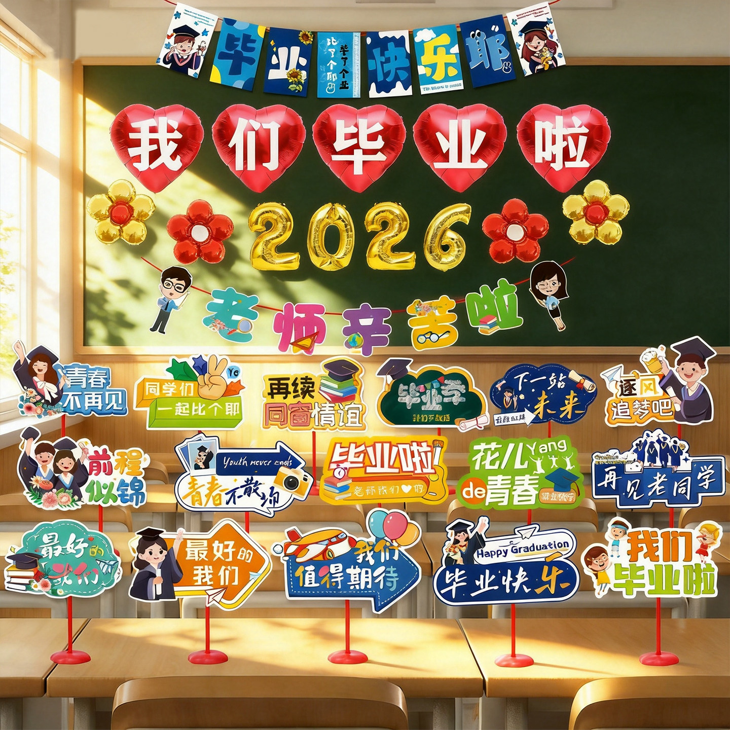 2026毕业季装饰场景桌牌挂布高中学教室摆件装扮中小学布置手举牌
