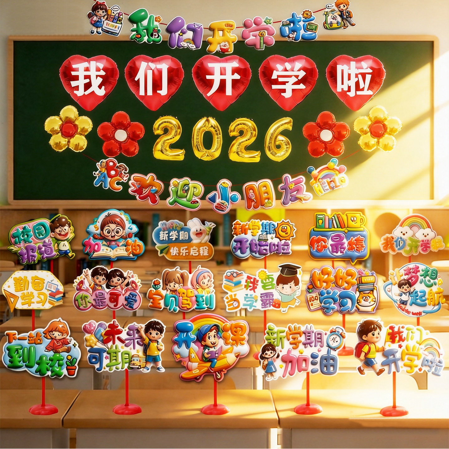 2026开学季教室布置黑板装饰气球桌面摆件中小学幼儿园手举牌装扮
