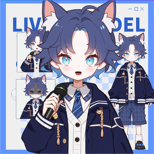 live2d虚拟主播成品蓝发小猫男孩皮套直播虚拟形象设计虚拟主播