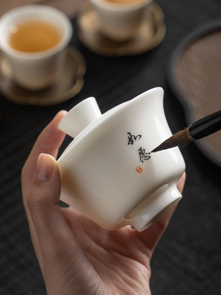 白瓷有盖茶碗茶碗单三彩大功夫家用茶具