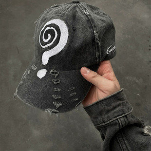 GN高定做旧破洞棒球帽男女问号刺绣鸭舌帽显脸小潮 黄明昊同款