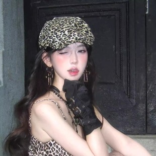 GN美式 复古辣妹豹纹前进帽y2k小众大头围显脸小百搭高级感贝雷帽