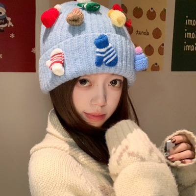 原创圣诞元素贴布精致针织毛线帽