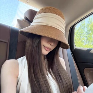 GN法式 遮阳帽子 镂空织带透气防晒草编帽渔夫帽女夏度假海边沙滩款