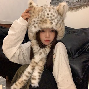 GN原创高级小雪豹 毛绒帽子围巾一体保暖防寒大头可戴 帽包双用