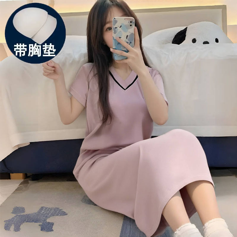 带胸垫一体式睡裙女夏短袖V领纯色宽松大码学生睡衣可外穿家居服