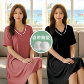 短袖 睡衣免文胸宽松大码 V领中长家居服 薄款 带胸垫过膝睡裙女夏季