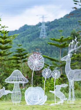 户外不锈钢蒲公英梅花鹿花朵雕塑小区铁艺兔子公园林装饰品大摆件