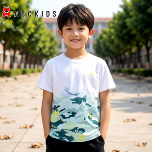 商场同款Abckids中国风印花纯棉短袖T恤夏季新款男童圆领白色上衣