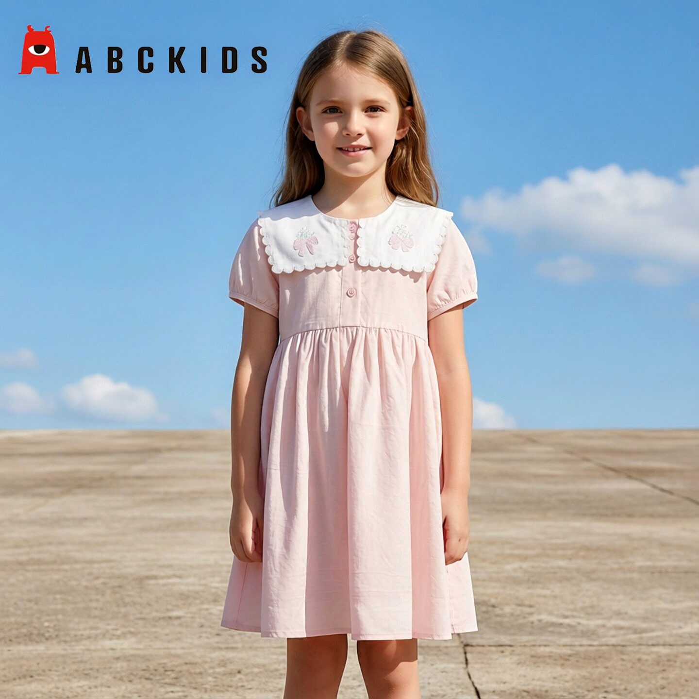 商场同款Abckids女童学院风娃娃领连衣裙夏季粉色短袖收腰A字裙